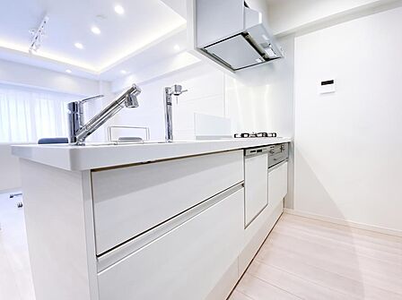美しく磨かれたワークトップに、日々の温もりと美味しさが宿る。手際よい調理を叶える動線と便利な食洗機が、心豊かなおうち時間を軽やかに演出します。(CG加工により家財を消去しています。)