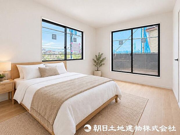 窓から差し込む暖かな陽光のある洋室!大き目のベッド配置可能で主寝室におすすめ! ※本画像はCGで作成しており、実際の現地には家具は置かれておりません。また、価格に家具は含まれておりません。