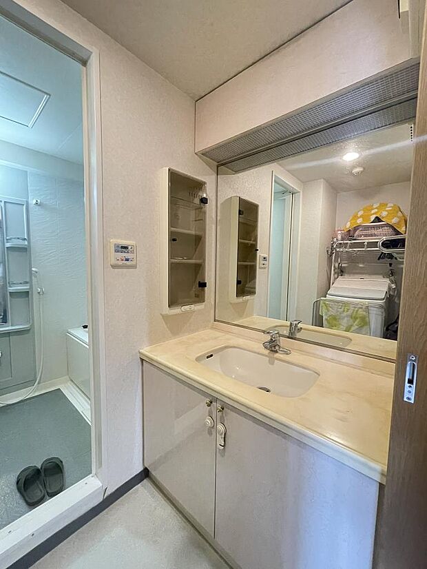 大きな鏡が特徴の洗面化粧台。左手に収納があり使い勝手が良いですね。