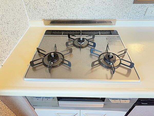 1度にたくさんのメニューが作れる3口コンロ付のシステムキッチン。（2025年2月撮影）