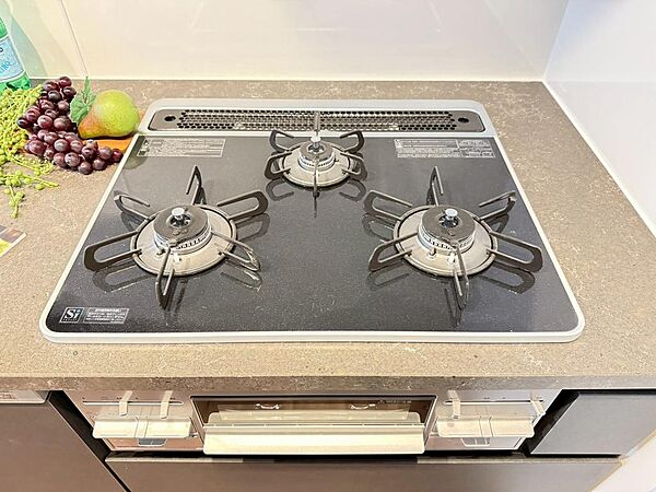 1度にたくさんのメニューが作れる3口コンロ付のシステムキッチン。（2026年3月撮影）