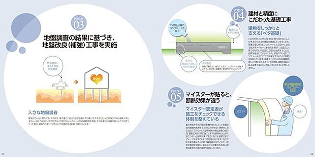 地盤からしっかりチェック。建材＆精度にこだわる基礎工事。建物の基本となる基礎工事にも、手間もコストも決して惜しみません。