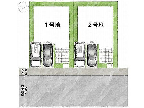 【区画図】1号棟道路：東向き・幅員6m土地面積：108.08平米～108.28平米
