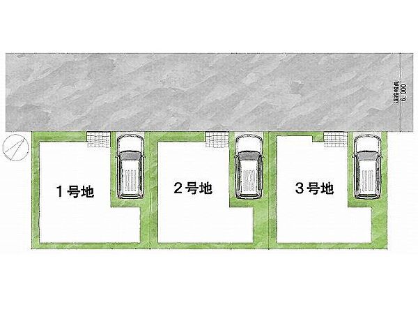 【区画図】2号地道路：北向き・幅員6m土地面積：81.52平米
