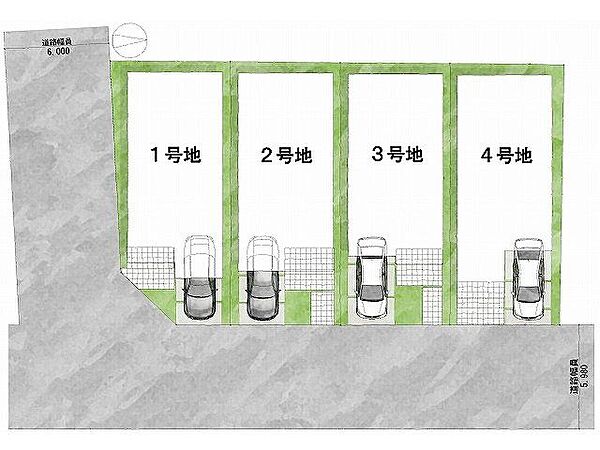 【区画図】2号地道路：南向き・幅員6m　東向き・幅員5.9ｍ土地面積：94.29平米～96.26平米
