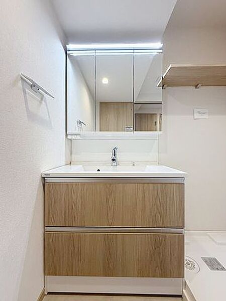 三面鏡の裏は収納になっており歯ブラシなどの日用品をすっきり収納できます。