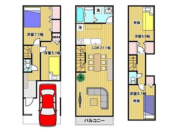 駐車場付き4LDK、LDKは広々とした21.1帖です。※仮プランです※建物面積には車庫、備蓄倉庫含む