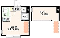 アイオライト 1階ワンルームの間取り