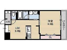 アジュール鳥飼 2階1LDKの間取り