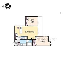 京福電気鉄道北野線 常盤駅 徒歩13分の賃貸マンション 2階2LDKの間取り