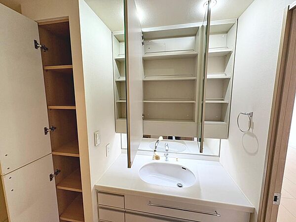 洗面室へはリビングからと廊下からの２方向から出入りできるので、家事の効率も上がりますね！