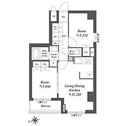 JR総武線 荻窪駅 徒歩15分の賃貸マンション 6階2LDKの間取り
