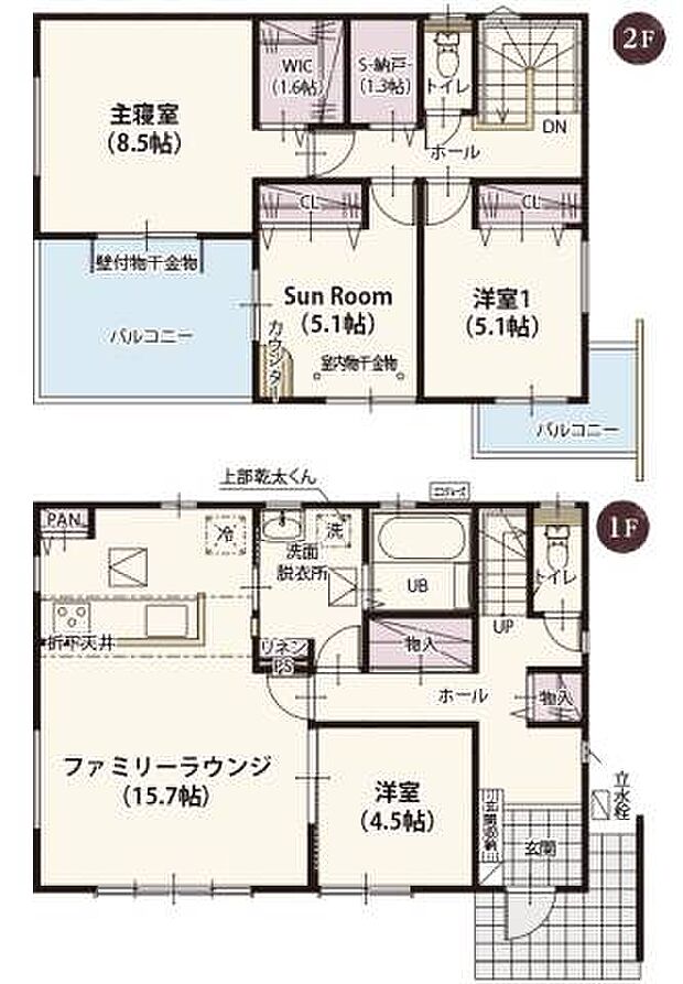 ■2階中央の5.1帖洋室は室内物干金具やアイロンがけなどもできるカウンター付き♪二面彩光で明るく、サンルームとしてもお使いいただけます♪