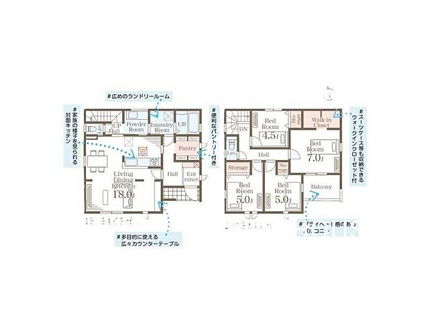 ■玄関からホールを通ってすぐにパントリーへアクセスできるため、重い食料品の持ち運びも最短距離で完了します!