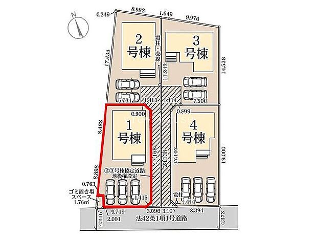 【区画図】1号棟♪ ■駐車スペース並列3台可能♪(車種による)