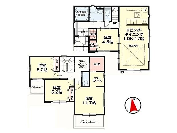 4SLDK(LDK、洋室×4、納戸、2面バルコニー、WIC、SIC)