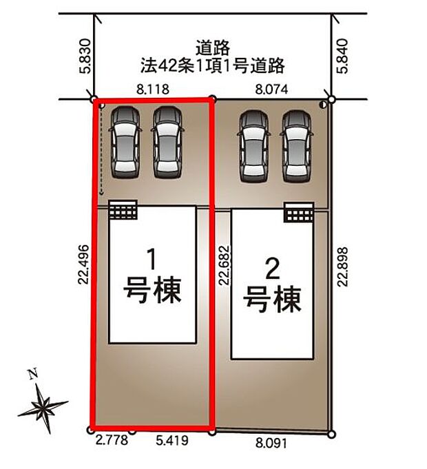 【区画図】1号棟♪ ■駐車スペース並列2台可能♪(車種による)
