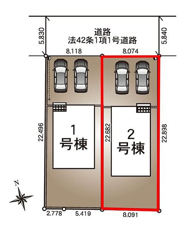 【区画図】２号棟♪ ■駐車スペース並列２台可能♪（車種による）