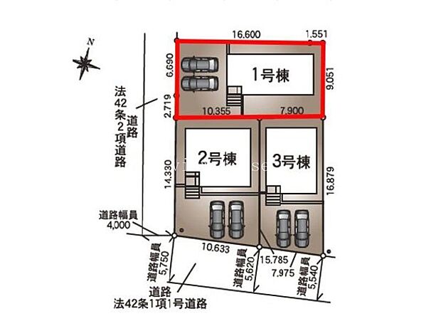 【全体区画図】1号棟♪ ■駐車スペース並列2台可能♪(車種による)
