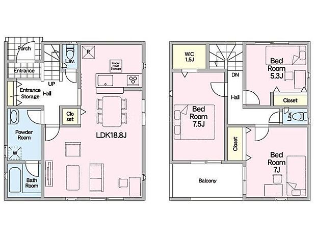【間取り】3LDK♪(LDK、洋室×3、WIC) ■全居室収納付き!パウダールームも広々しています。