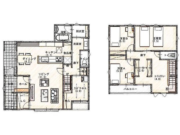【間取り】１１号棟♪ ■３ＬＤＫ・脱衣所から直線でつながるランドリールーム！共働き世帯に嬉しい家事動線♪