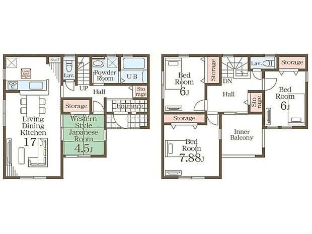 【間取り】４号棟♪ ■４ＬＤＫ・ＬＤＫ１７帖＋和室４．５帖！お子様の遊び場やお昼寝スペースに◎ 　家具の配置がしやすい縦長リビング・お子様の遊び場やお昼寝スペースに◎