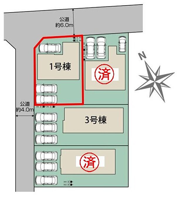 【区画図】 ■角地！駐車スペース３台可能♪（車種による）