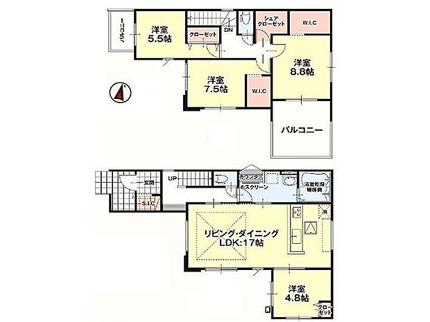 【間取り】4LDK+S ■収納充実!シェアクローゼット、SIC、WIC 日当たり良好で明るい全室南向き♪
