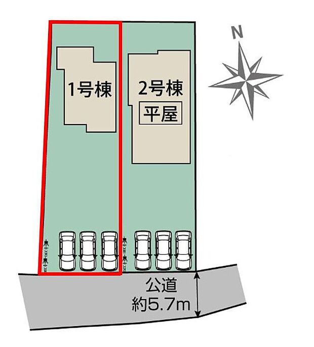 【区画図】1号棟♪ ■並列で駐車可能なカースペース3台確保♪(車種による)