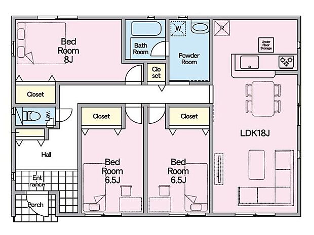 【間取り】3号棟♪南西角地・平屋住宅♪ ■3LDK・全室フローリング、6帖以上のゆとりある間取り♪