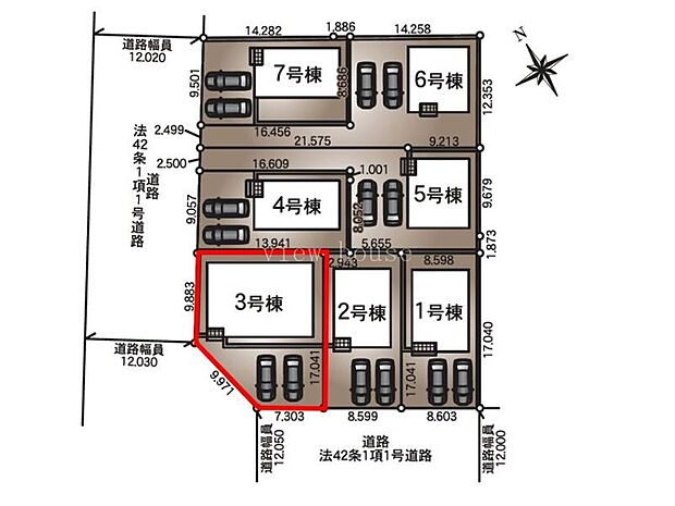 【区画図】３号棟♪ ■人気の平屋住宅！南西角地で日当たり良好♪ ■駐車スペース並列２台可能♪（車種による）