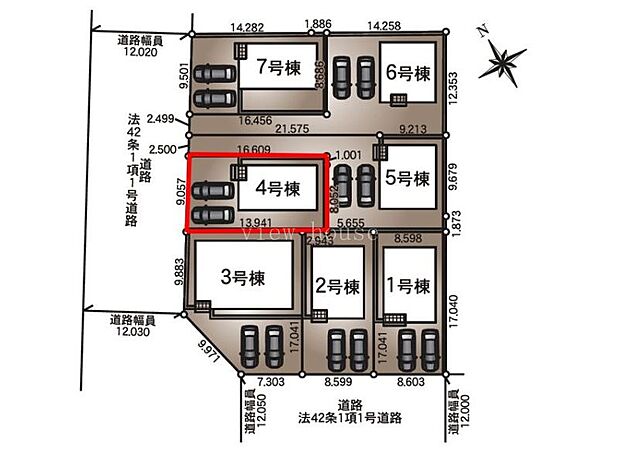 【区画図】４号棟♪ ■駐車スペース並列２台可能♪（車種による） ■西道路１２ｍで車の出し入れも安心♪
