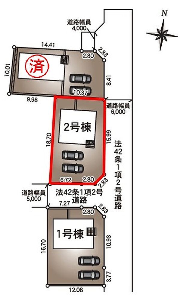 【区画図】2号棟♪ ■車の出し入れも安心な東側道路6m♪駐車スペース並列2台可能♪