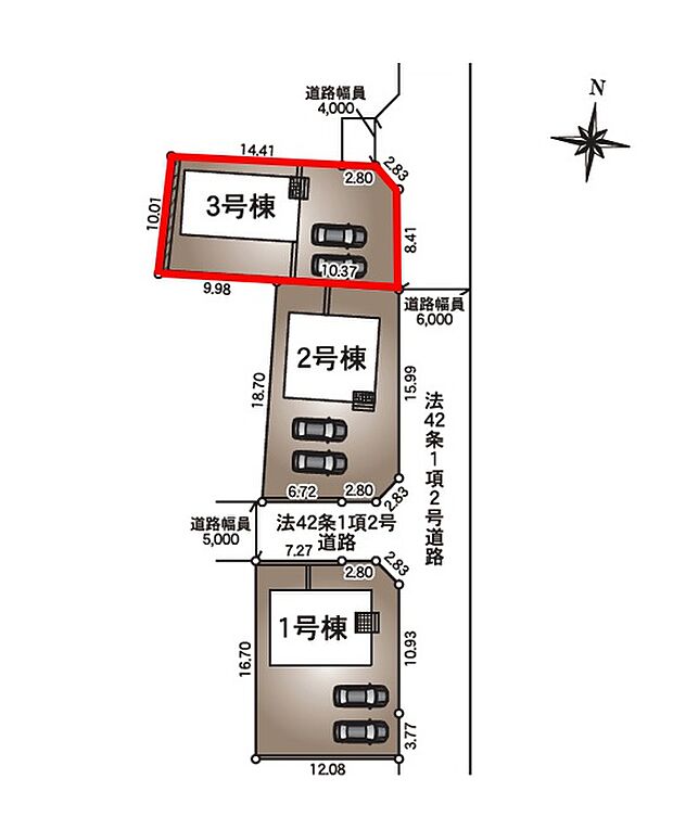 【区画図】３号棟♪ ■車の出し入れも安心な東側道路６ｍ♪駐車スペース並列２台可能♪