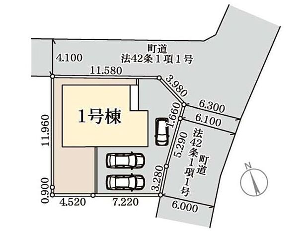 【区画図】1号棟♪ ■駐車スペース2〜3台可能♪2方向が道路に面しているので車の出し入れも安心です♪