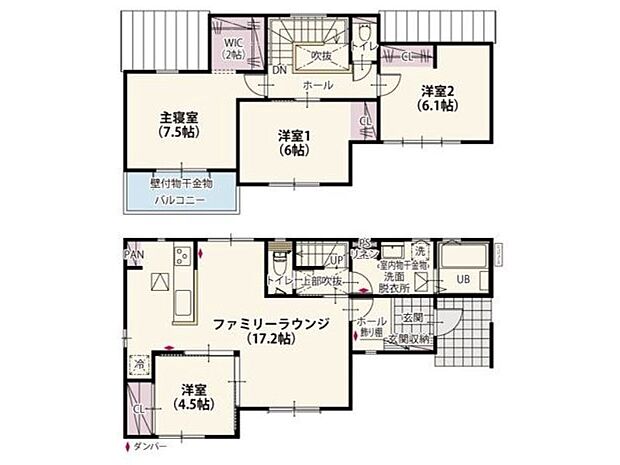 【間取り】５号棟♪ ■４ＬＤＫ・２階へ行く際にリビングを通るリビングスルー階段！キッチン横のパントリーはストック食材の管理に欠かせません♪