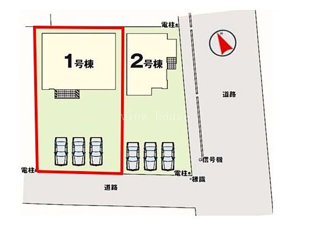 【区画図】1号棟♪ ■広々とした約90坪の土地面積! 並列で駐車可能なカースペース3台確保♪