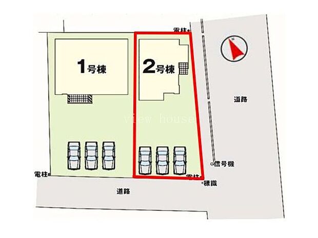 【区画図】2号棟♪ ■約66坪の土地面積!並列で駐車可能なカースペース3台確保♪