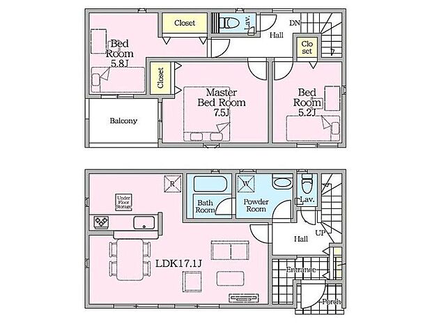【間取り】2号棟♪ ■3LDK・来客時も気兼ねなく2階や浴室へ移動できる安心の独立した動線♪全室洋室・南向きの明るい間取りです。