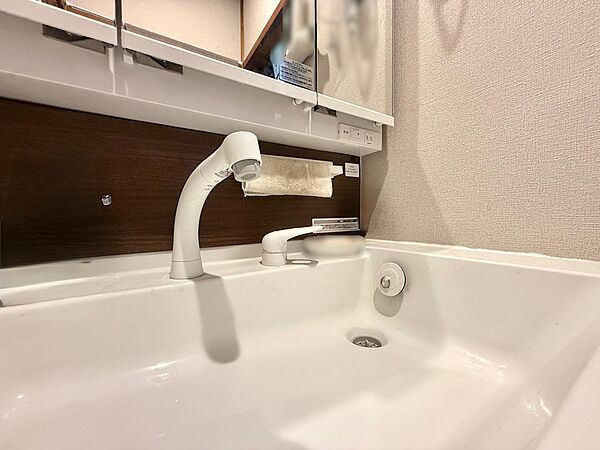 シャワー付き洗面化粧台です。広い洗面ボウルは髪を洗ったり少量の洗濯物の汚れ落としに重宝します。