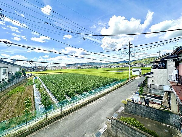 2階のベランダからの眺望です。田園風景が広がり気持ちの良い眺めです。