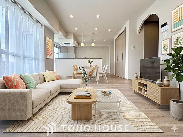 【LIVING】※生成AIによるイメージです。家具・小物は販売価格に含まれません。◆Sunshine◆光が燦々と入り、いるだけで気持ちいい。開放的でゆとりあるお部屋です。