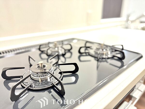 【Kitchen】美しく使いやすいキッチンは油汚れが簡単に拭き取れる素材で加工されており、浄水器シャワーから流す水の音を軽減する静かなシンクを採用。見えないところにさり気ない配慮が嬉しい