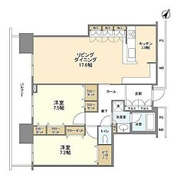 東京メトロ半蔵門線 水天宮前駅 徒歩2分の賃貸マンション 16階2LDKの間取り