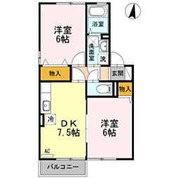 風のクローバー　Ａ 2階2DKの間取り