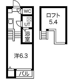 ハーモニーテラス十番II 2階1Kの間取り