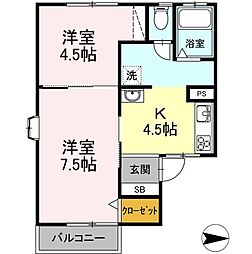 エルひょうたん山　Ｂ 1階2Kの間取り