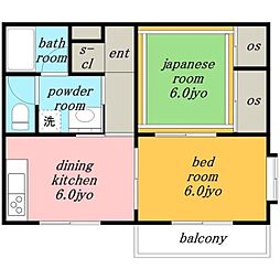 砂子乃郷 3階2DKの間取り