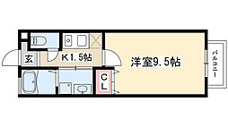 メモリアルハープ 1階1Kの間取り