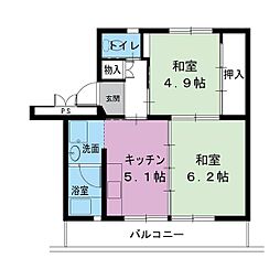 ビレッジハウス東河原1号棟 2DKの間取図画像